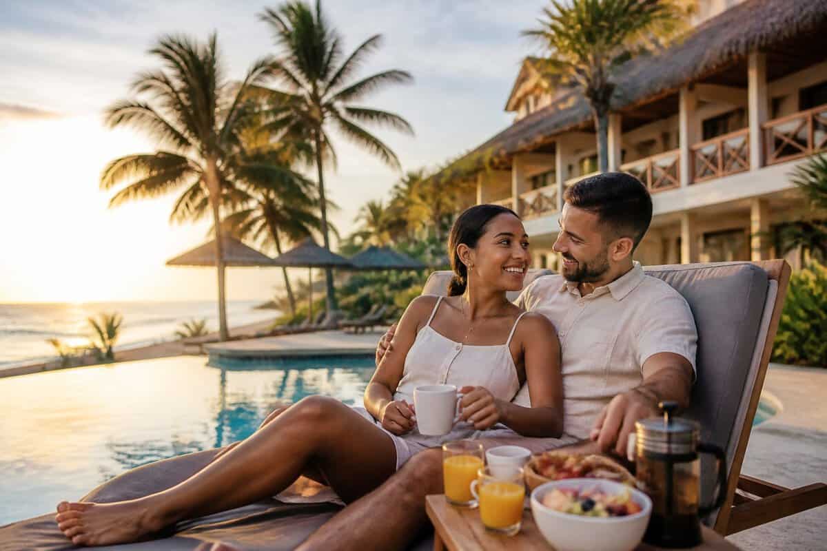 A newlywed couple relaxes beside a pool at a tropical beachfront resort.