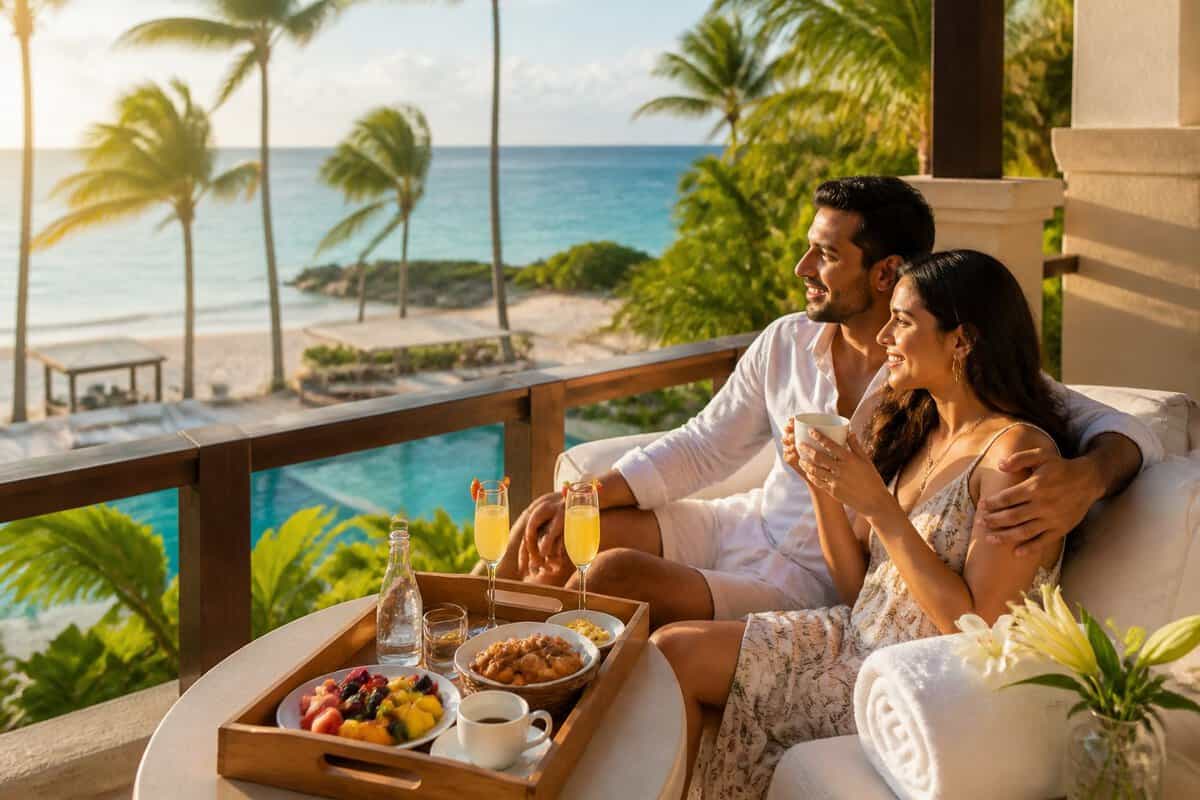 A newlywed couple relaxes at a tropical resort with breakfast, drinks, and an ocean view.