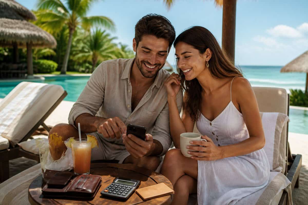 A newlywed couple relaxes at an affordable tropical resort with simple travel budgeting items nearby.