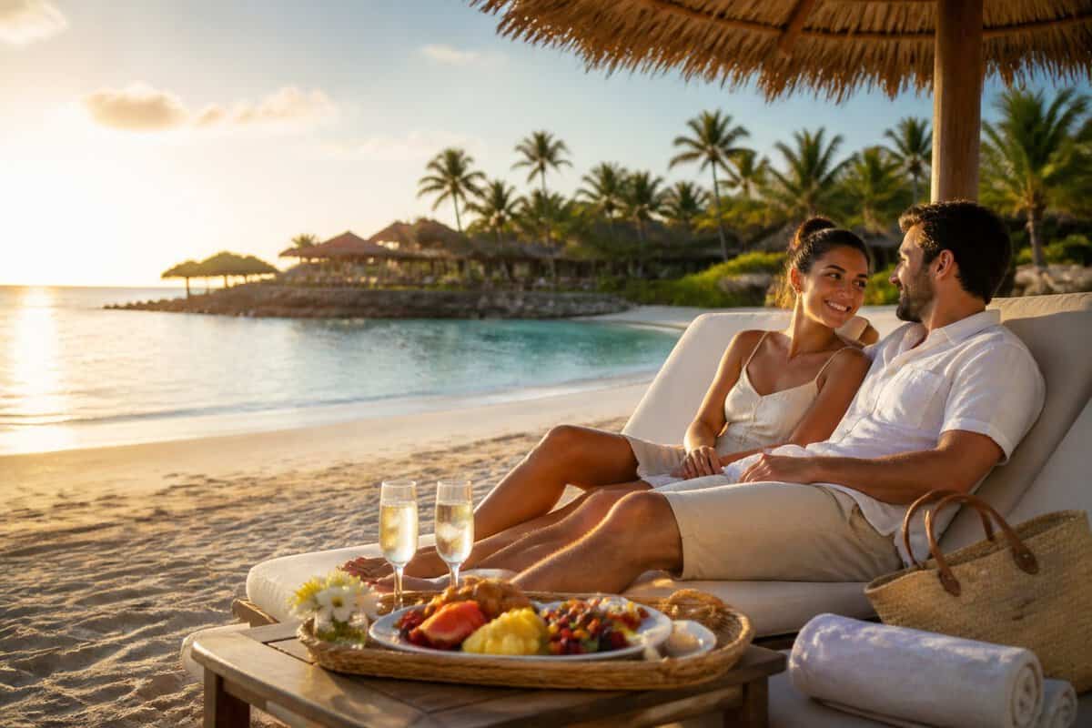 A newlywed couple relaxes together on lounge chairs at a tropical beach resort during sunset.