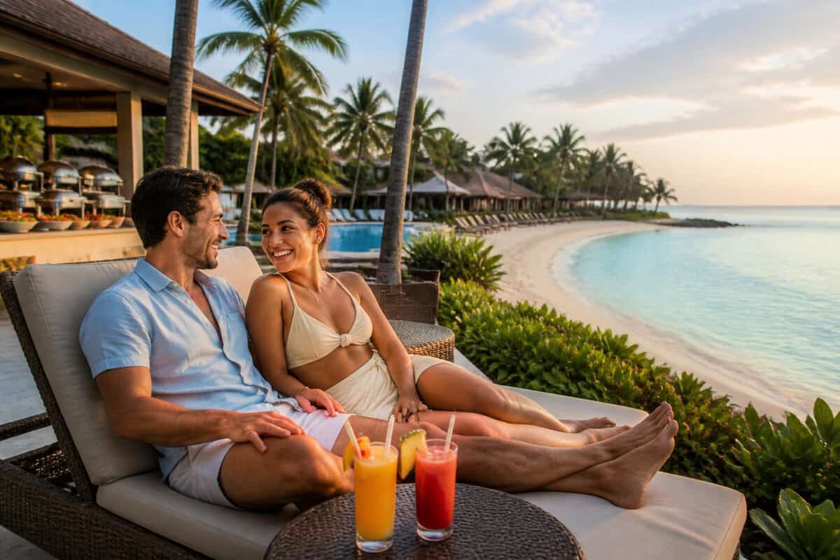 A newlywed couple relaxes together at a tropical beachfront resort beside a pool and palm trees.