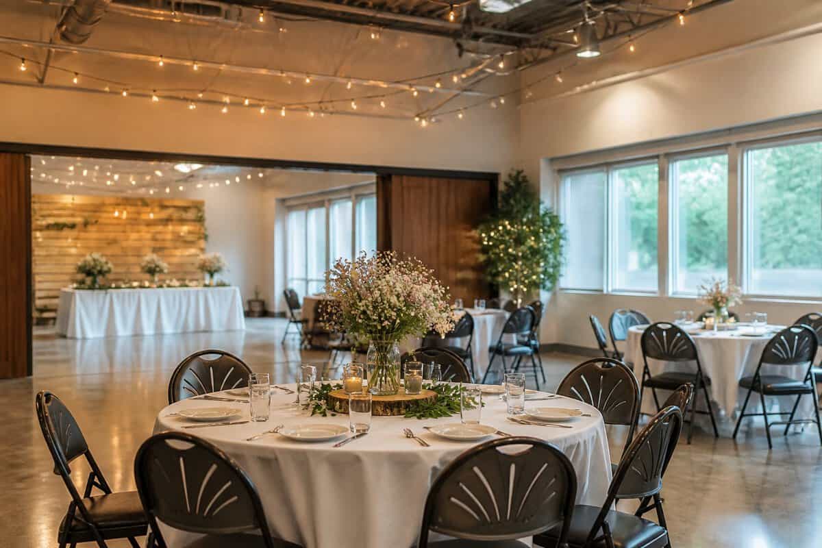 A modest indoor wedding reception room with simple floral centerpieces, tables, chairs, and warm lighting.