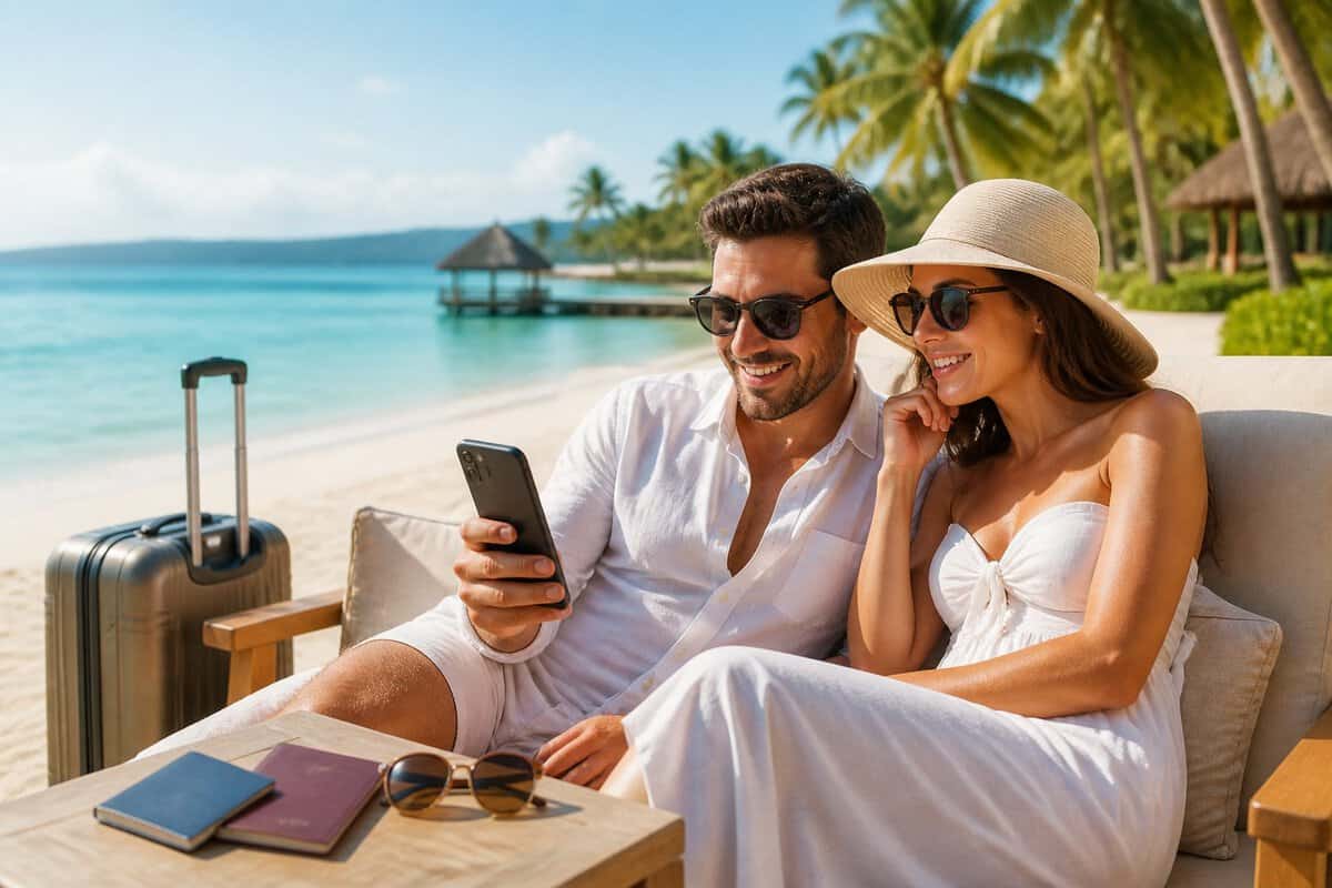 A newlywed couple relaxing at a tropical beach resort beside their luggage.