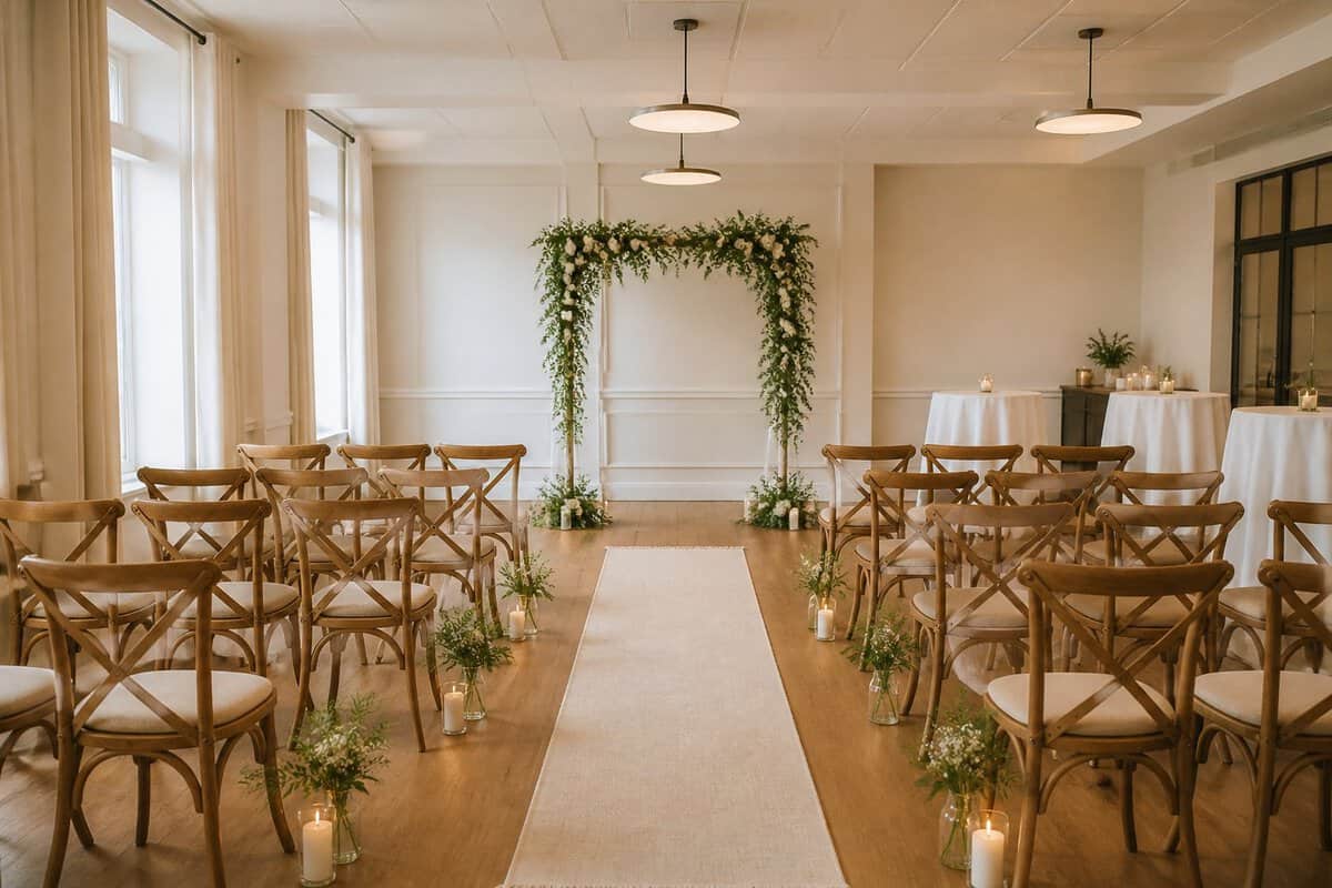 A small indoor wedding ceremony setup with simple floral decorations, rows of chairs, and warm natural light.