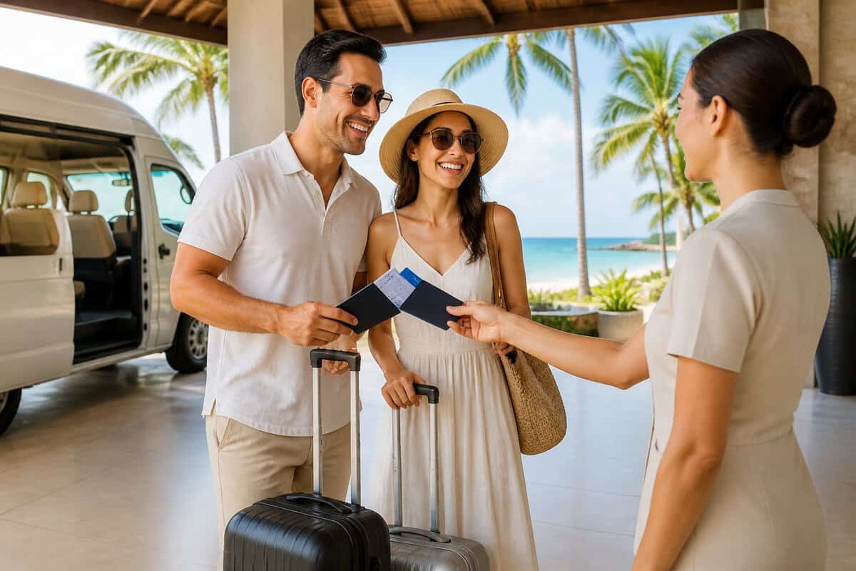 Newlywed couple with carry-on luggage arriving at a tropical resort near a sunny beach.