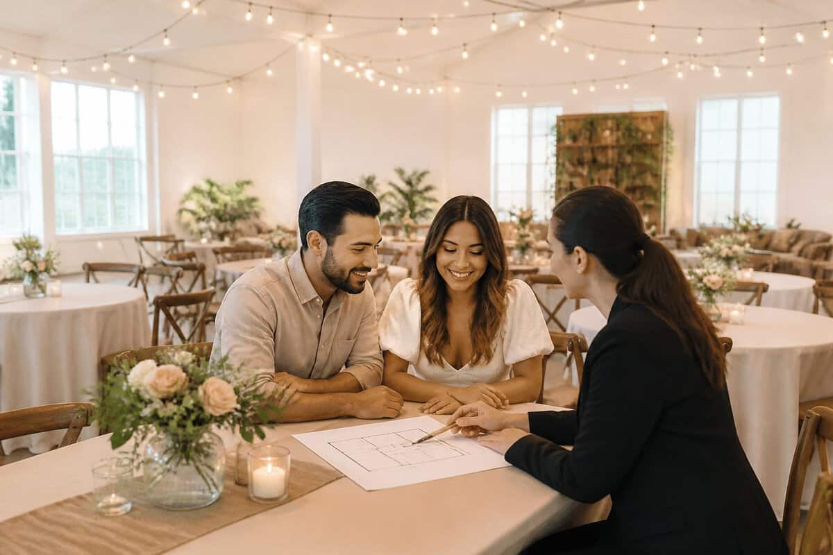 A couple discusses affordable wedding venue options with a coordinator in a simply decorated indoor event space.