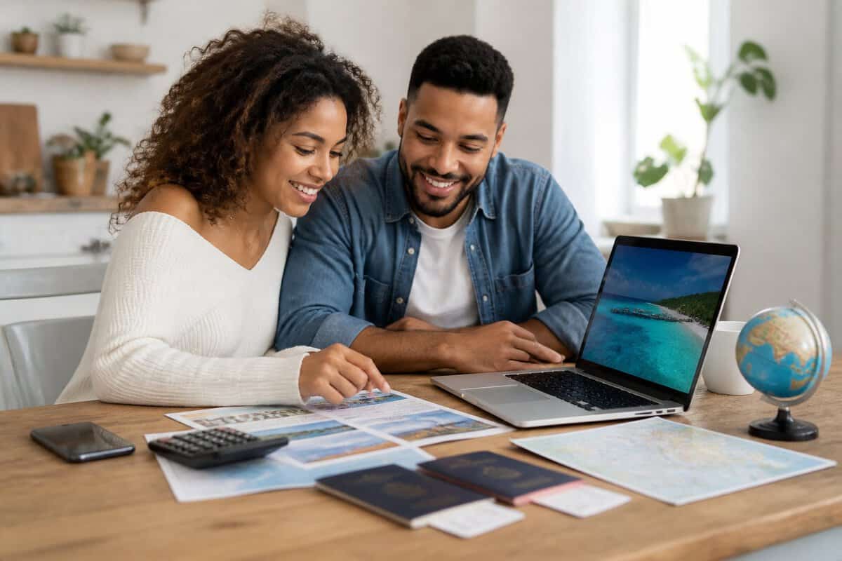 A couple compares honeymoon travel costs and plans at a table with a laptop, calculator, passports, and travel documents.