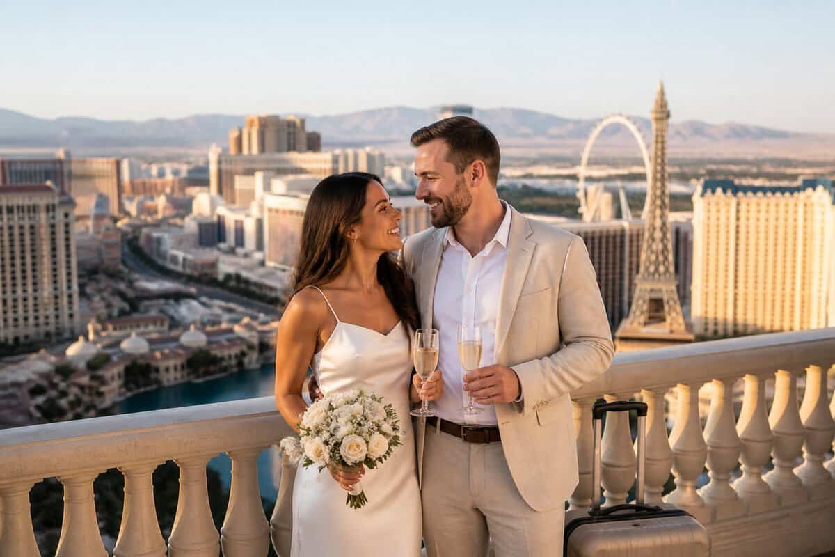 A newlywed couple enjoys a romantic getaway on a Las Vegas resort terrace with the Strip in the background.
