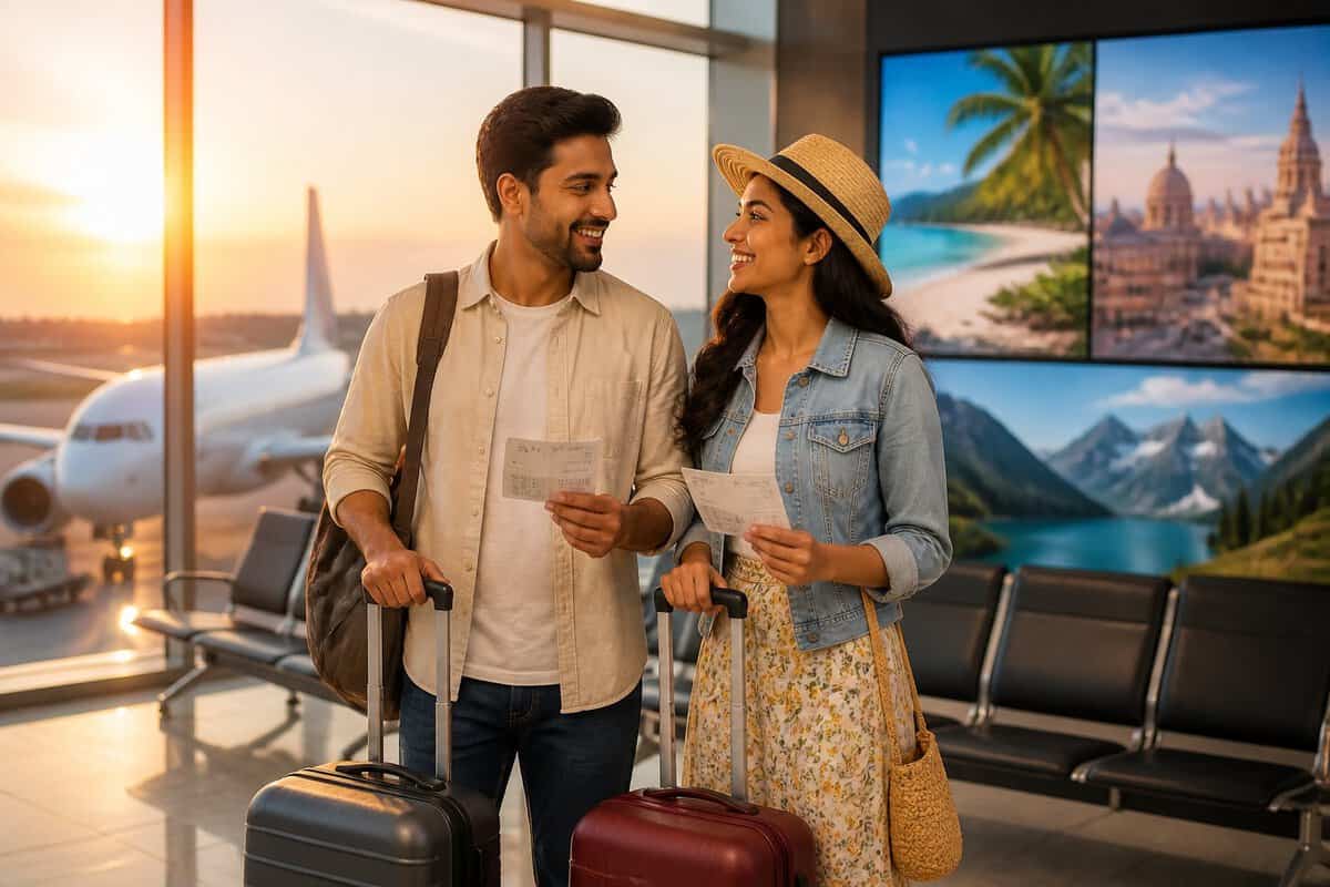 A newlywed couple with suitcases watches an airplane from an airport lounge.