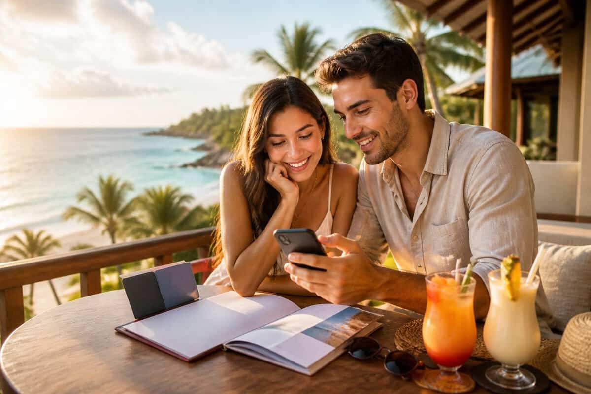 A newlywed couple compares travel plans while relaxing on a tropical resort balcony overlooking the ocean.