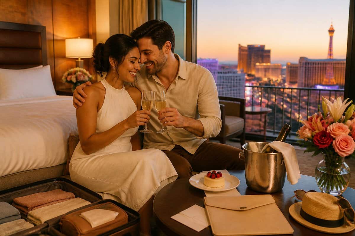 A newlywed couple enjoys a romantic hotel suite overlooking the Las Vegas Strip with refreshments and travel amenities.