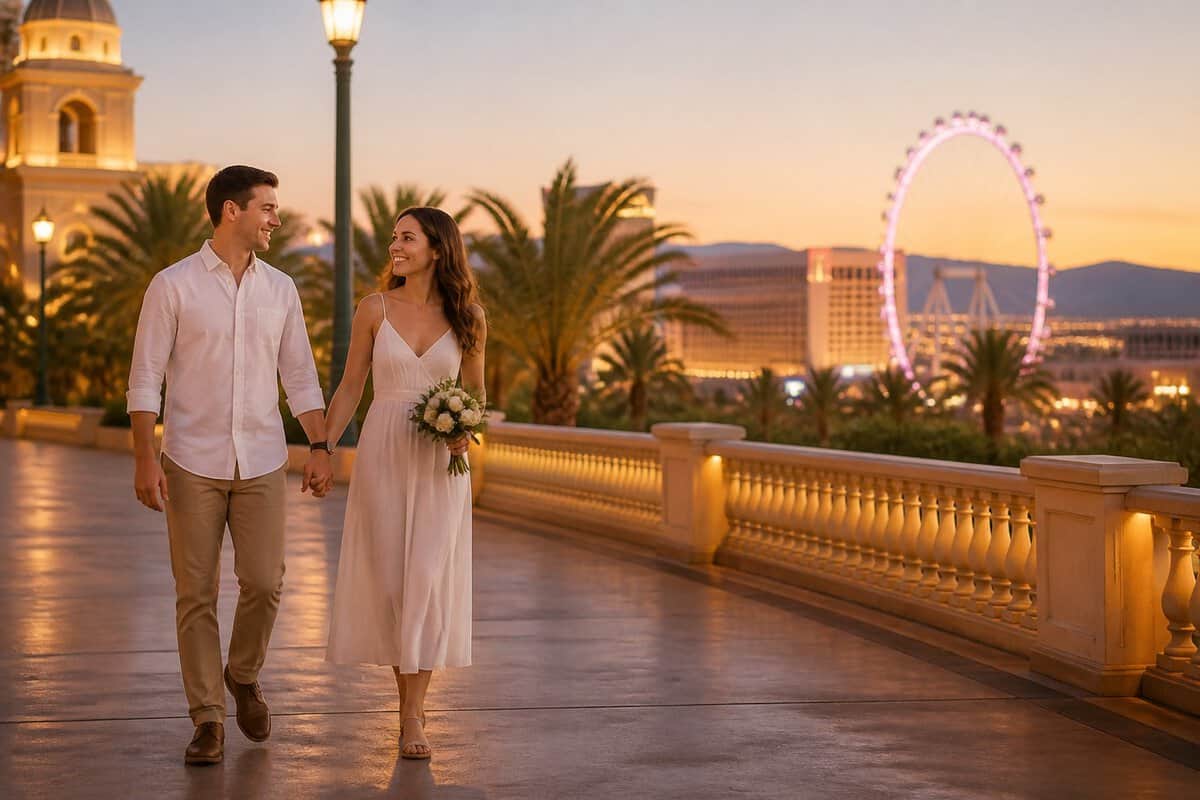 Newlywed couple walking hand in hand along a Las Vegas resort promenade at sunset.