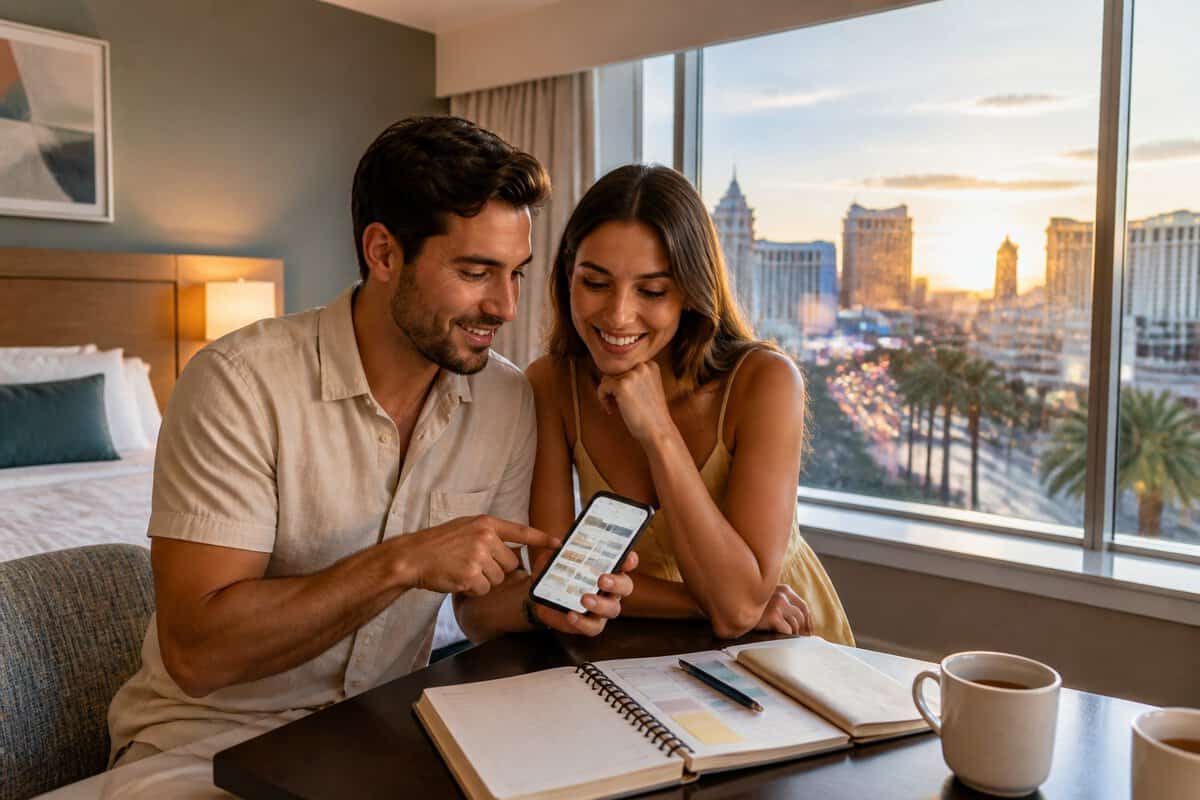 Newlywed couple enjoying a comfortable hotel room overlooking the Las Vegas Strip.