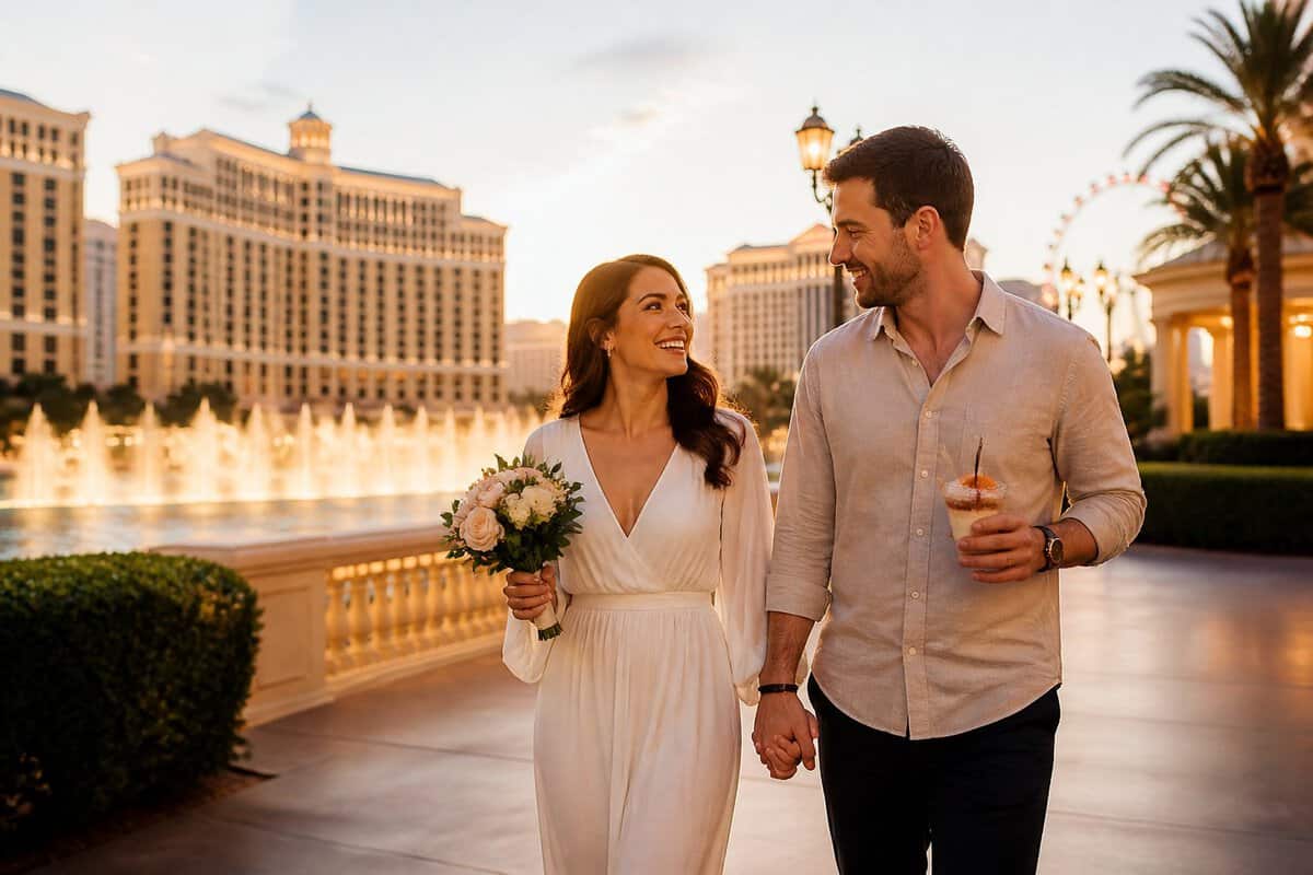 A newlywed couple walks hand in hand along a warmly lit Las Vegas resort promenade.