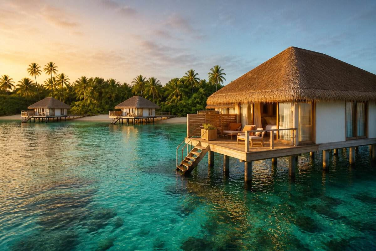 A modest overwater bungalow on a clear tropical lagoon with palm trees in the background.