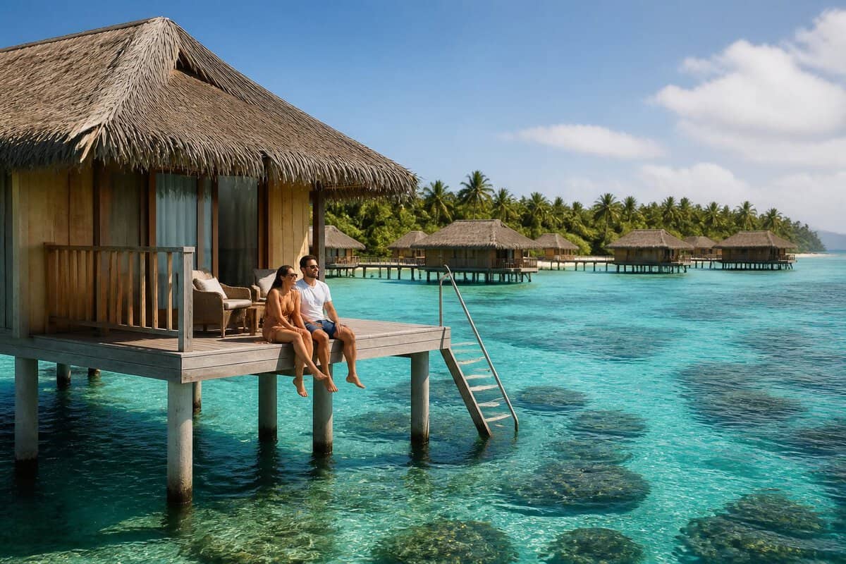 A couple relaxes on the deck of a simple overwater bungalow above a clear tropical lagoon.