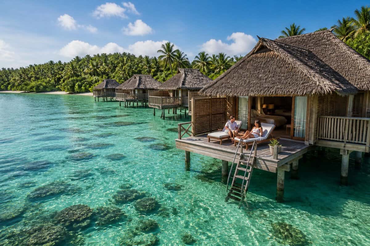 An overwater bungalow with a small deck sits above a clear turquoise lagoon near a lush tropical island.