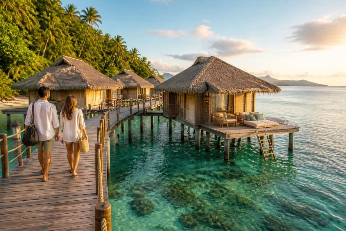 A couple walks along a wooden path between simple overwater bungalows above a turquoise tropical lagoon.