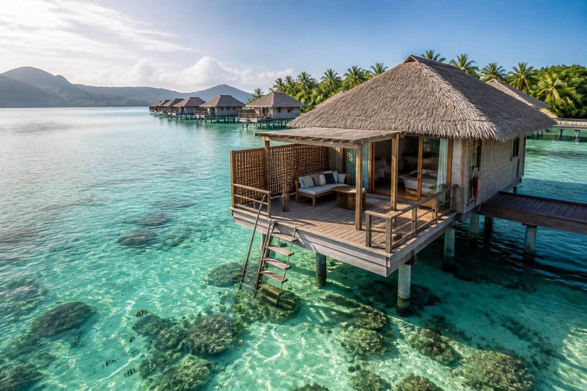 A modest overwater bungalow with a deck above a clear tropical lagoon, connected to other villas by a wooden walkway.