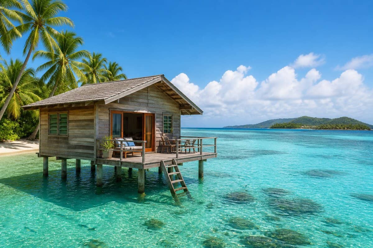 A modest overwater bungalow on stilts above clear turquoise Caribbean water, with tropical islands in the distance.