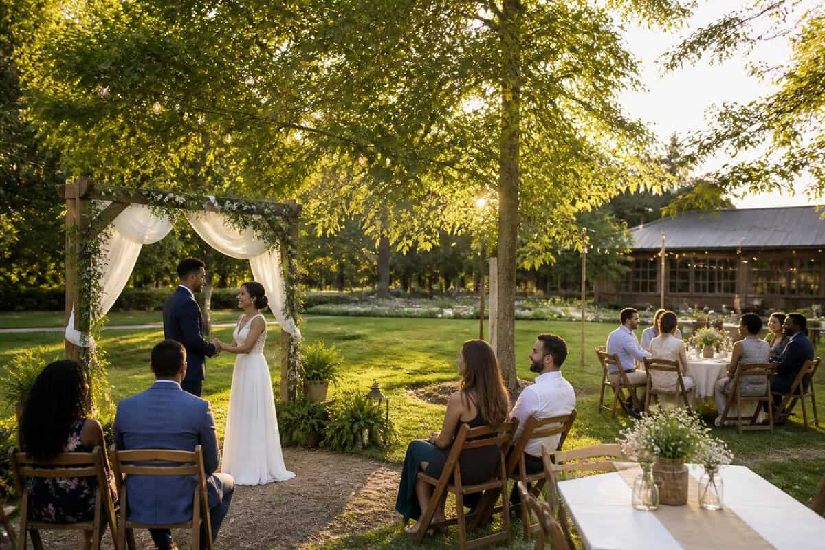 A couple and guests celebrate at a modest outdoor wedding venue with simple floral decorations, seating, and string lights.