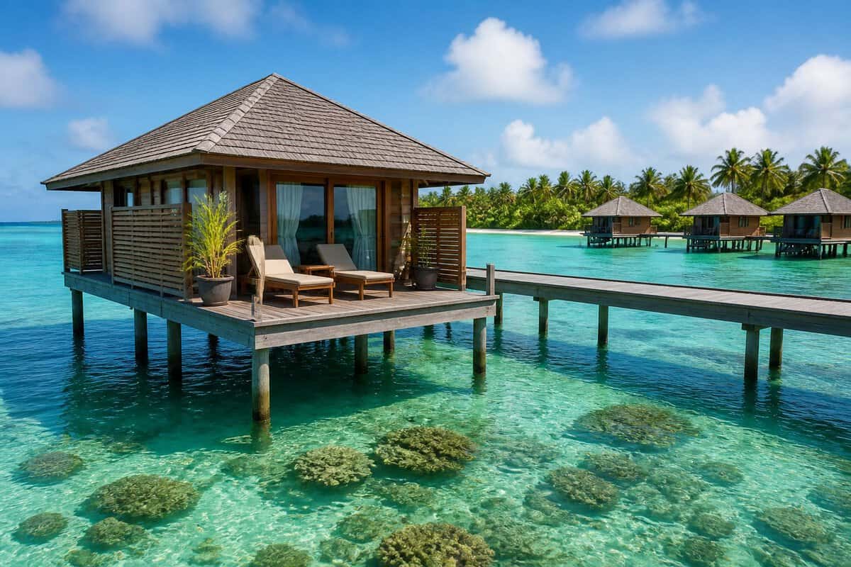 A modest overwater bungalow on a wooden pier above clear turquoise Caribbean water.
