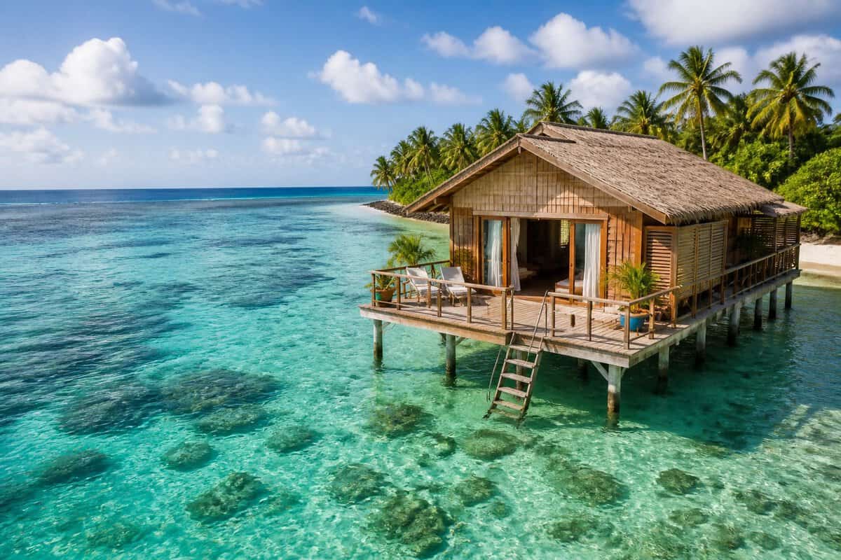 A modest overwater bungalow with a small deck surrounded by clear turquoise Caribbean water and tropical greenery.