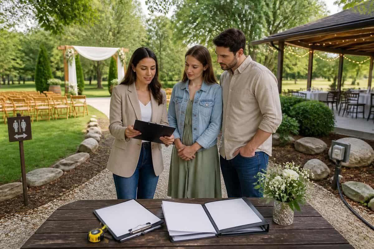 A couple and venue coordinator inspect an outdoor wedding ceremony space with a checklist and simple garden setup.