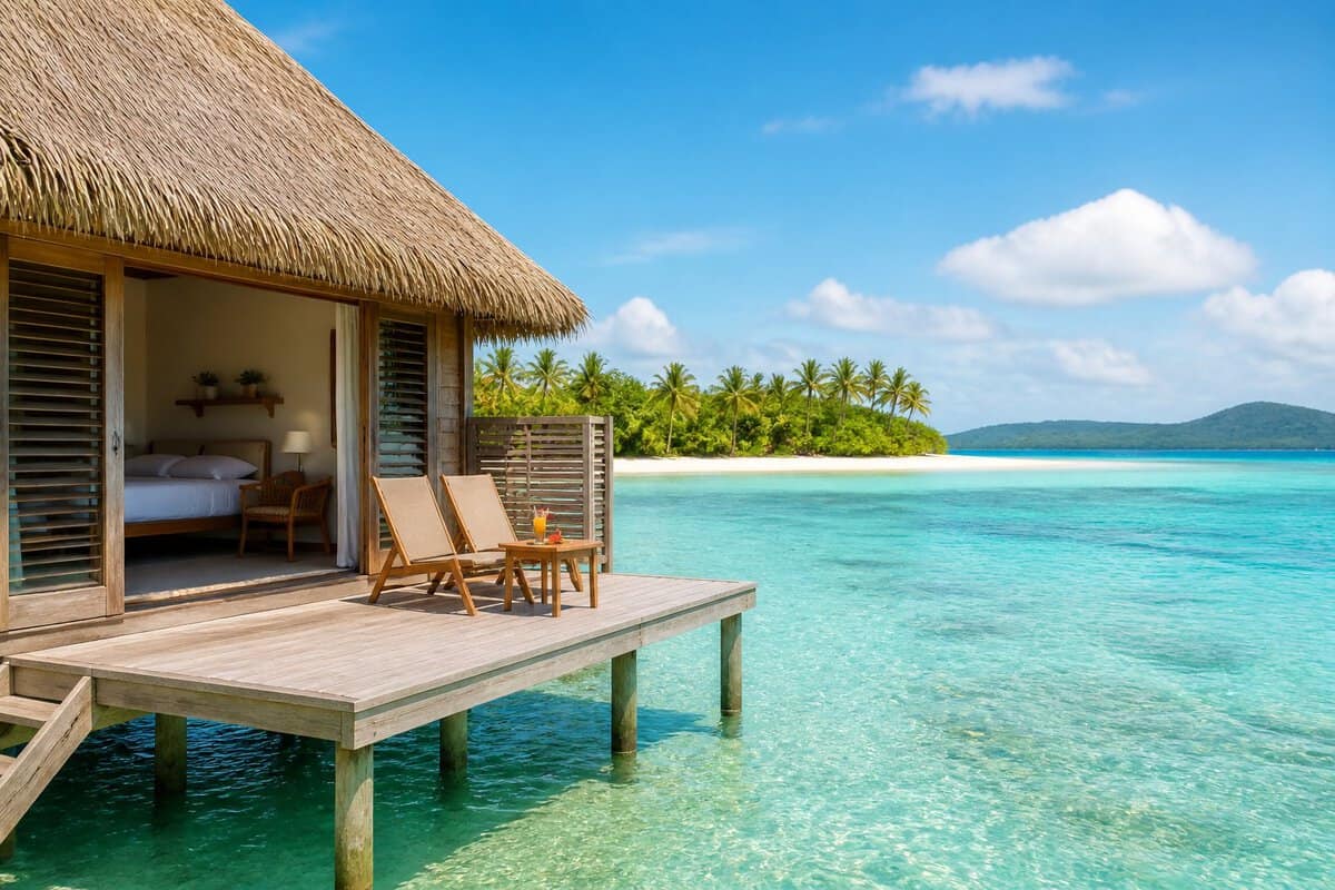 A modest overwater bungalow on a wooden deck above clear turquoise Caribbean water, with a tropical island in the distance.