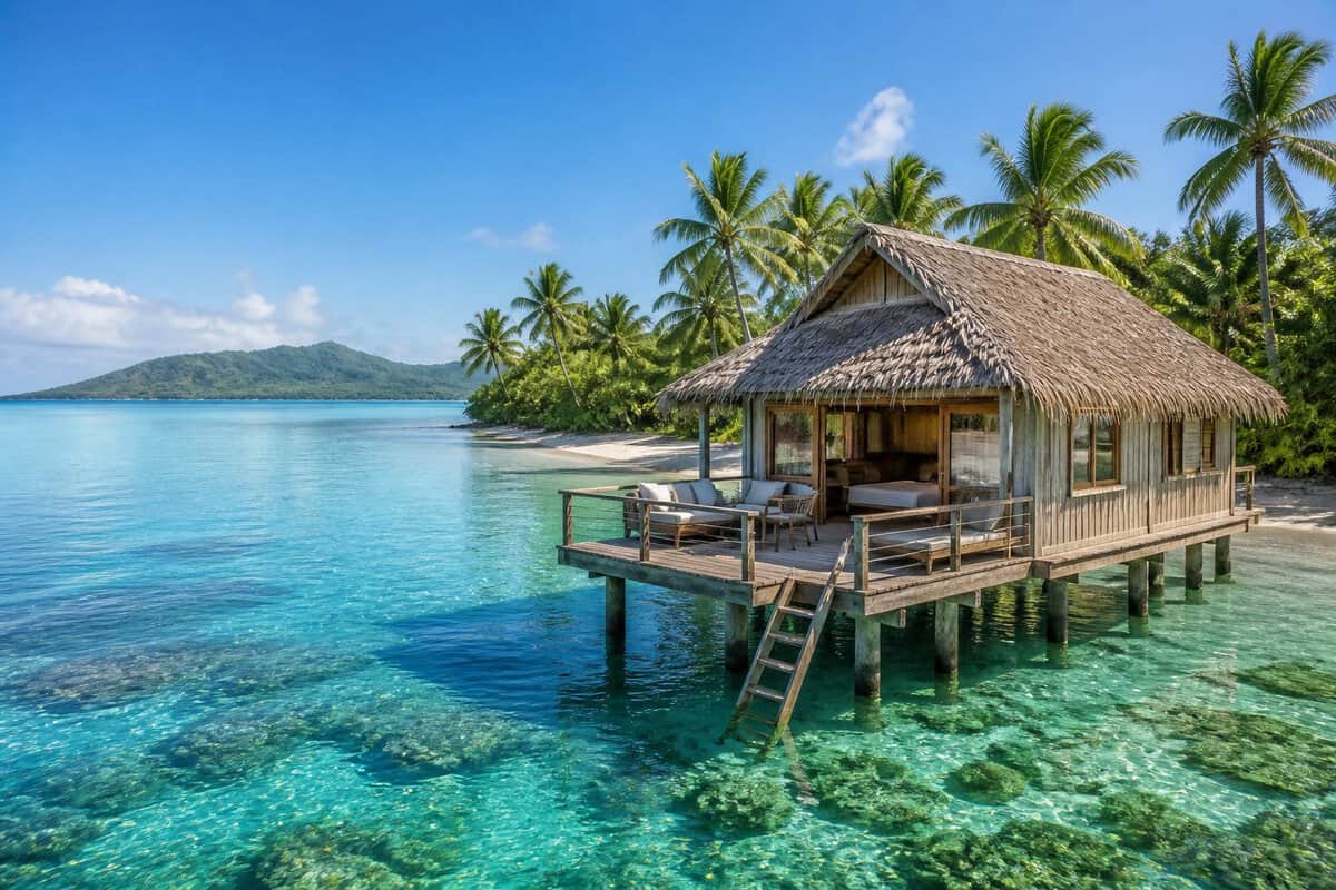 A modest overwater bungalow with a small deck above clear turquoise water, surrounded by palms and a green island.