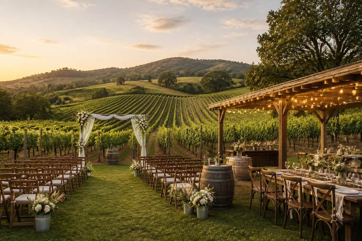 An elegant outdoor wedding setup among rows of grapevines in a sunny countryside vineyard.