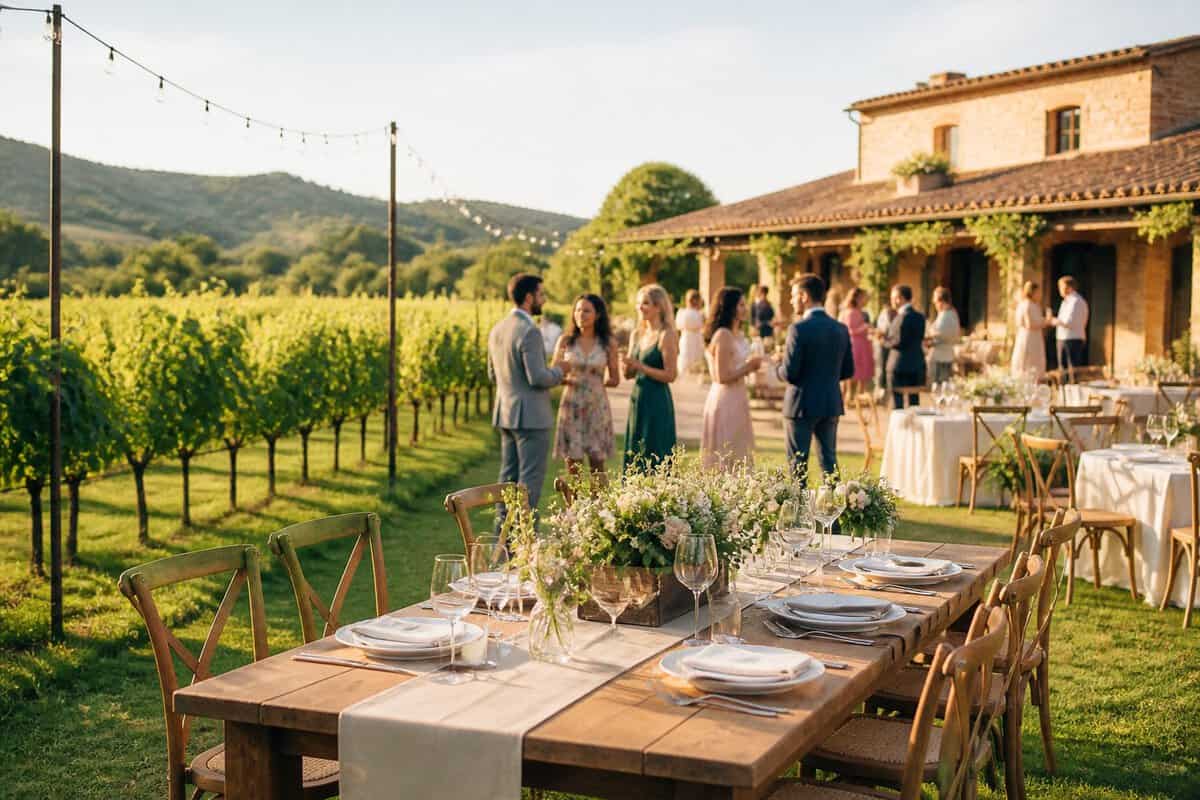 A vineyard wedding venue with simple elegant tables, grapevines, and guests mingling outdoors.