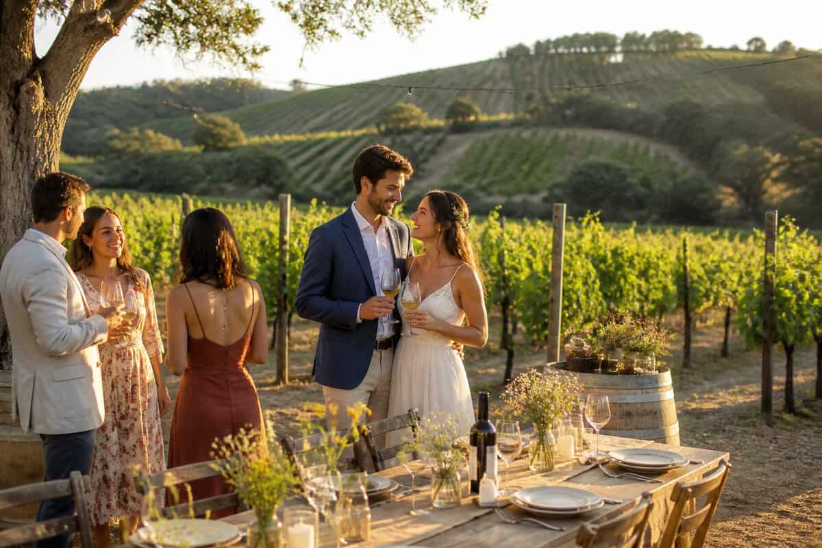 A couple celebrates with guests at a modest outdoor wedding venue among vineyard rows and rolling hills.