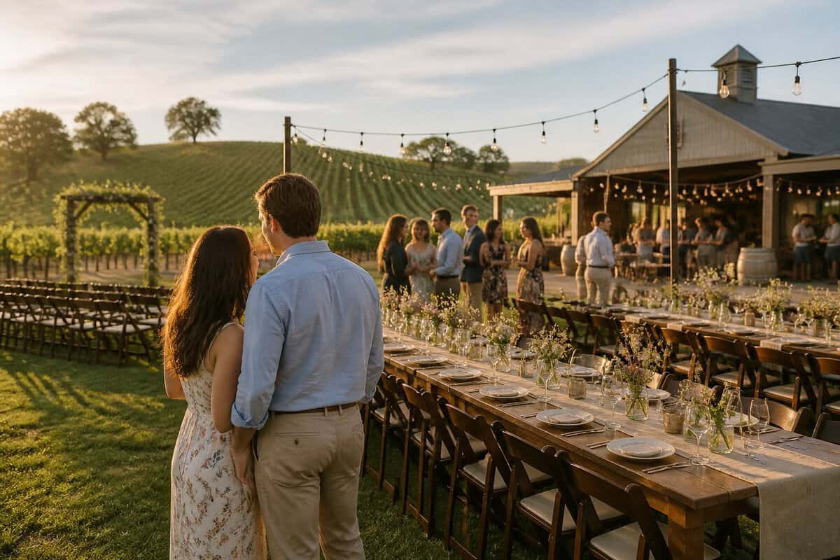 A couple tours an affordable vineyard wedding venue with simple outdoor seating, grapevines, and rustic reception details.