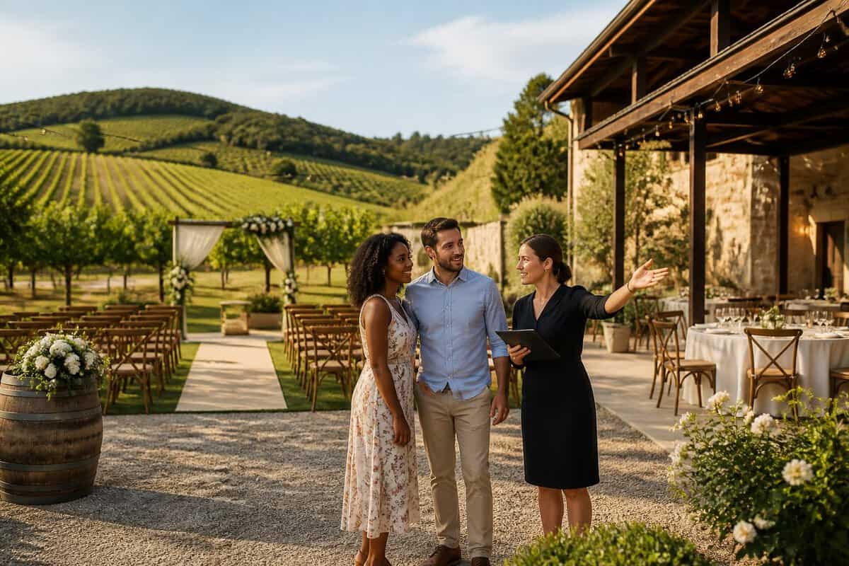 A couple and venue coordinator inspect a vineyard wedding ceremony and reception area.