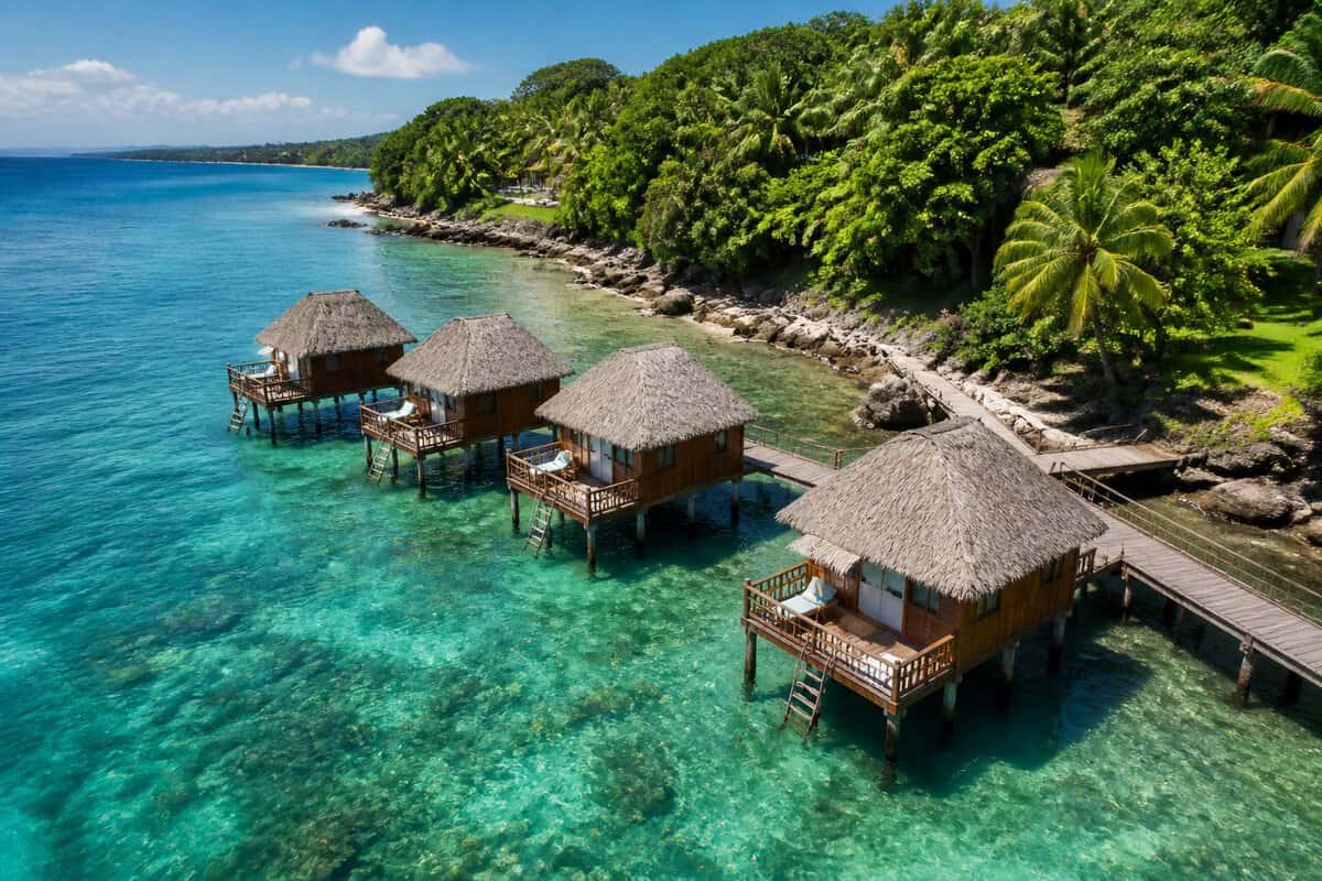 Overwater bungalows connected by a wooden walkway above clear turquoise water along a lush Jamaican coastline.