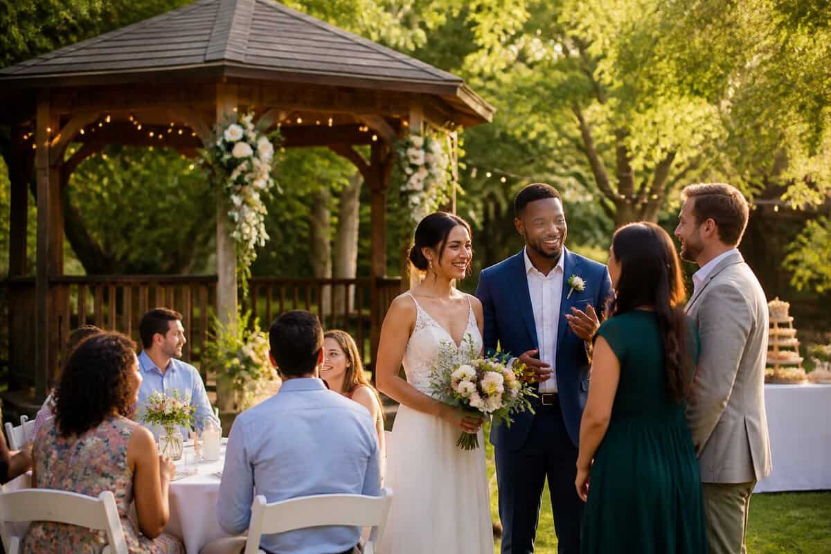 A couple celebrates with guests at a simple outdoor wedding venue in a garden.