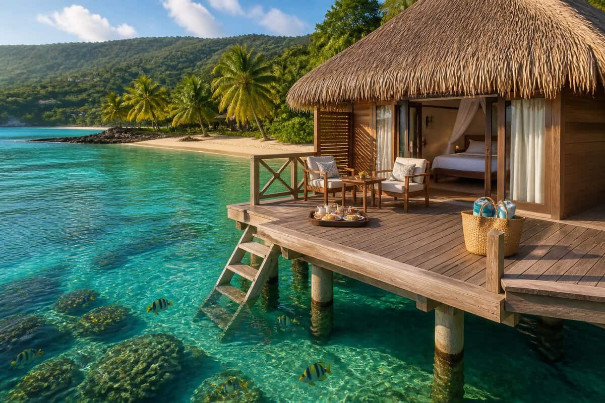 A modest overwater bungalow with a private deck above clear turquoise water near Jamaica's tropical shoreline.