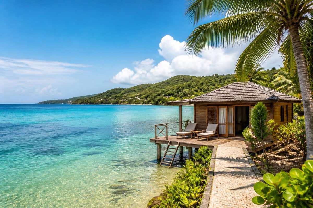 A modest waterfront cottage on stilts with a small deck above clear turquoise water in Jamaica.