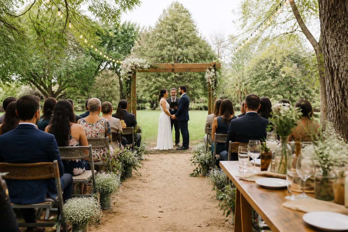 An intimate outdoor wedding ceremony in a decorated public garden with simple seating and a small reception area.