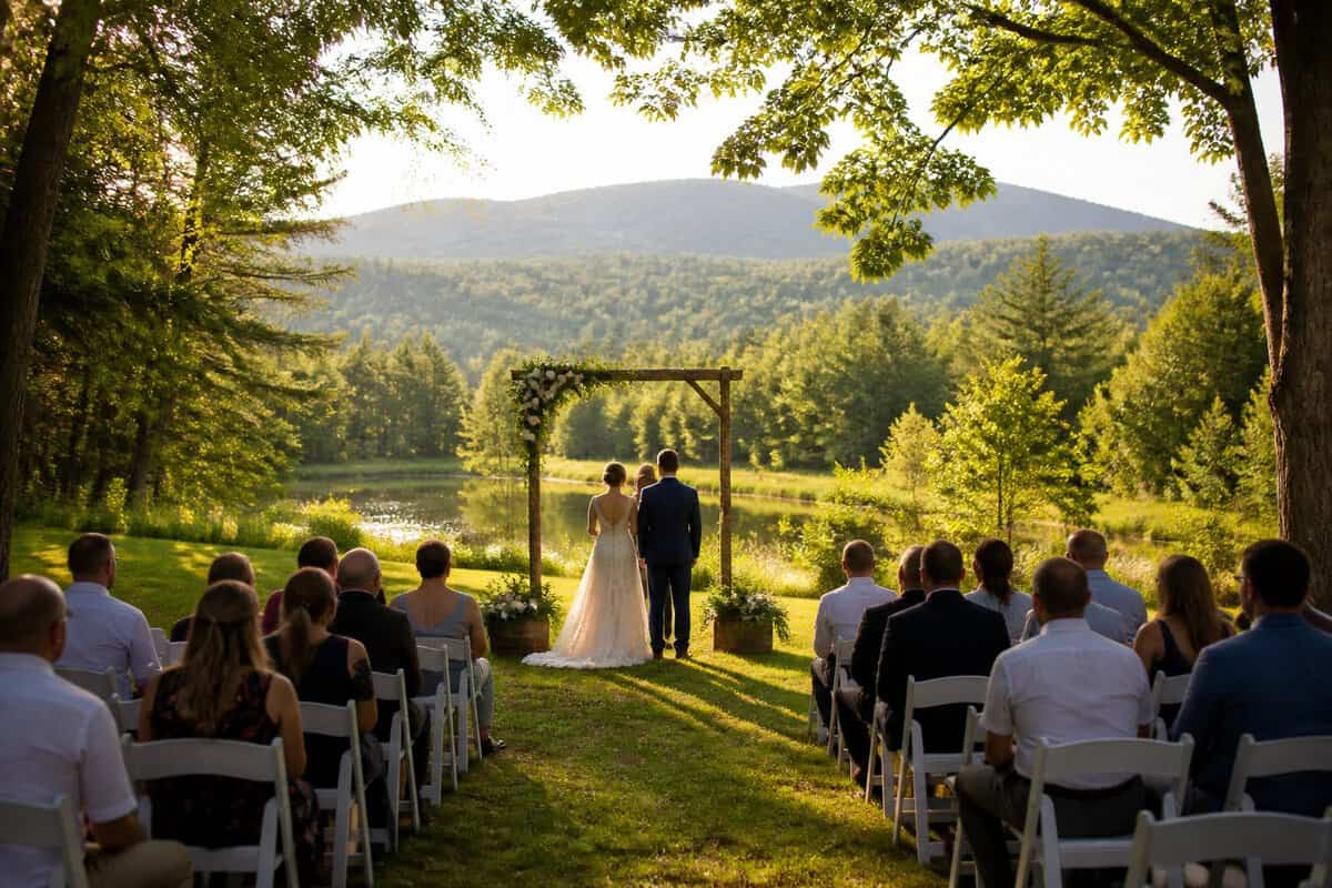 A simple outdoor wedding ceremony in a scenic park surrounded by trees, wildflowers, and distant hills.