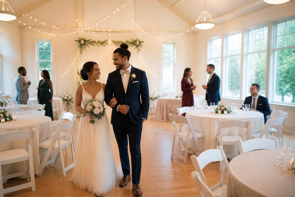 A couple and guests celebrate a wedding in a warmly decorated community hall.