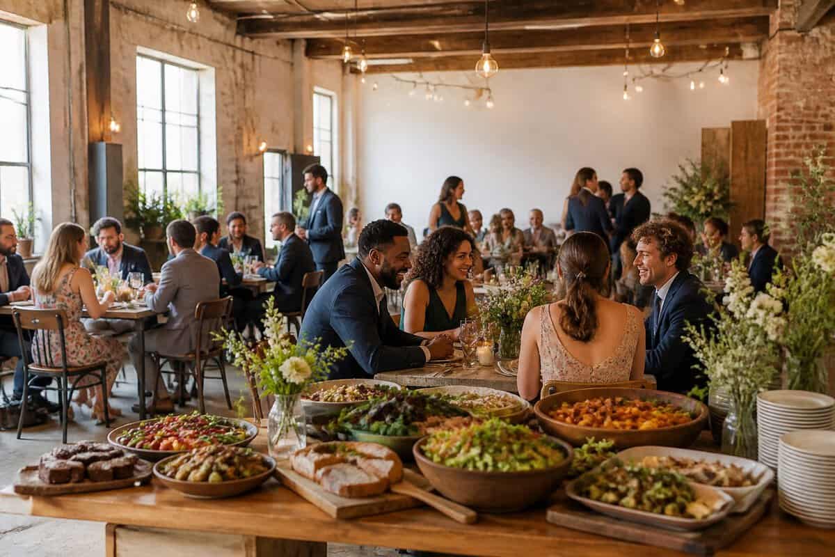 Guests enjoy a casual wedding reception with a colorful food spread in a charming venue.