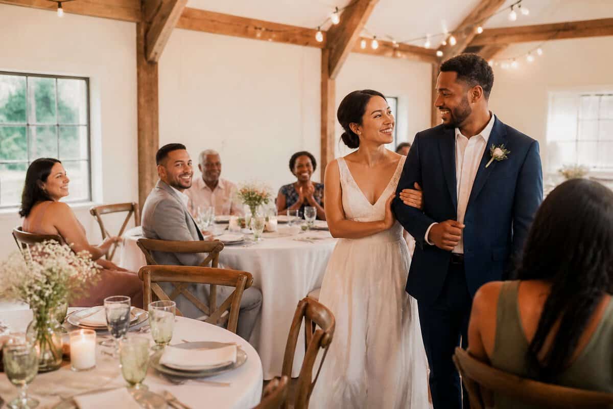 A couple and guests enjoy a warmly decorated, modest wedding venue with simple floral centerpieces and string lights.