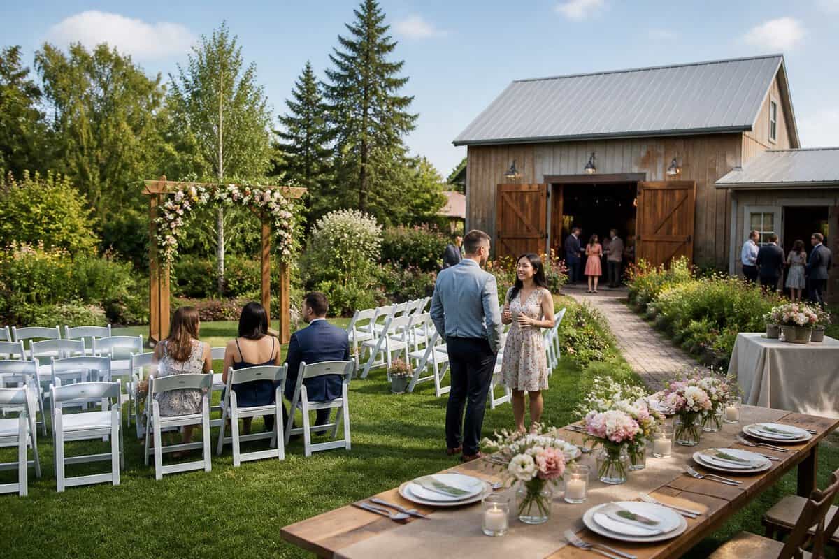An intimate wedding ceremony setup in an affordable outdoor community venue with simple chairs, greenery, and modest floral decorations.