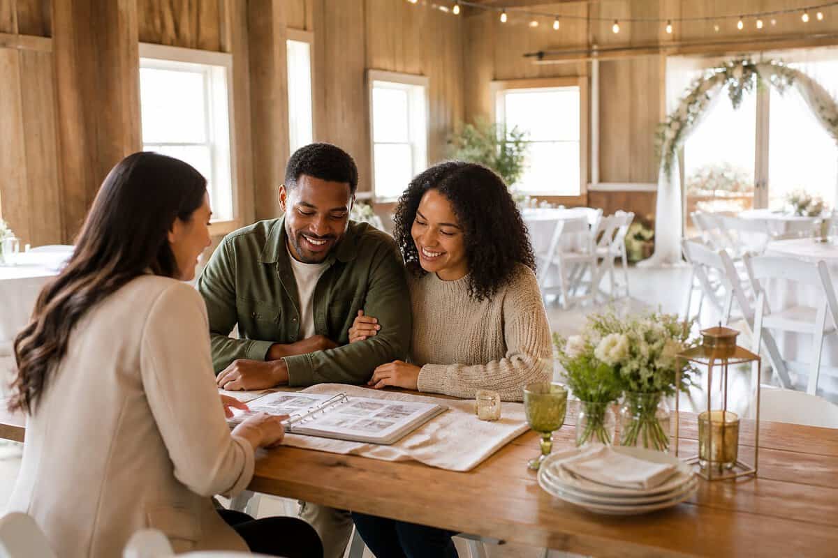 A couple discusses wedding venue plans with a coordinator in a modest, welcoming event space.