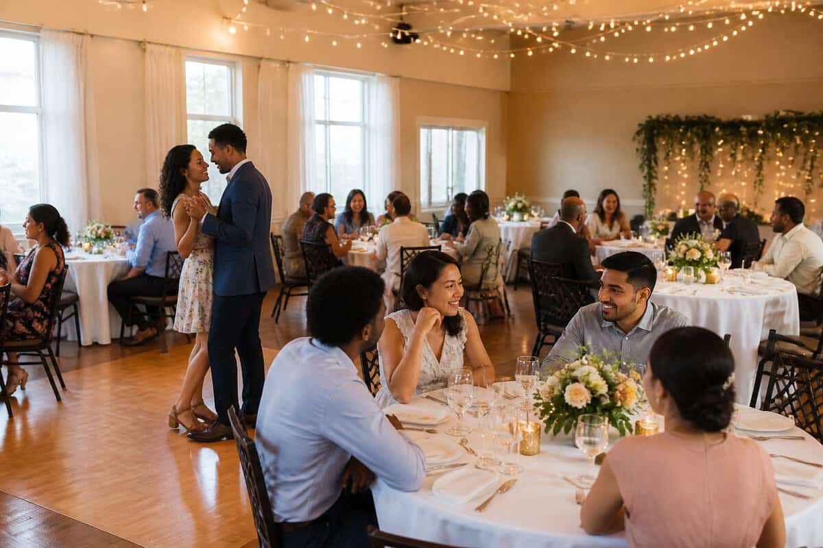 Guests celebrate at an intimate wedding reception in a simply decorated event venue.