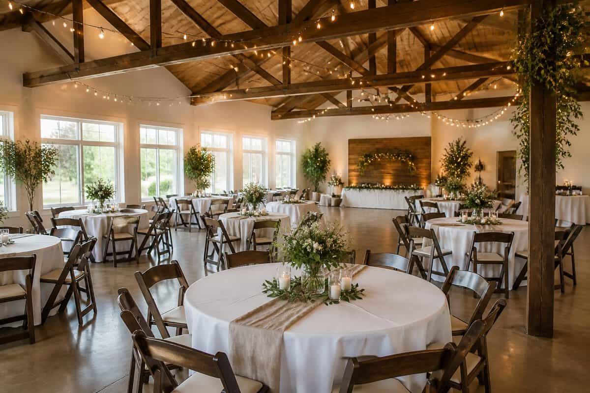 An inviting wedding reception room with simply decorated tables, seasonal flowers, string lights, and warm lighting.