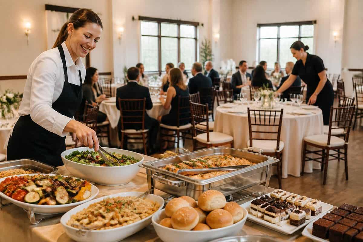 Catered wedding reception with buffet food, decorated tables, guests, and attentive service staff.