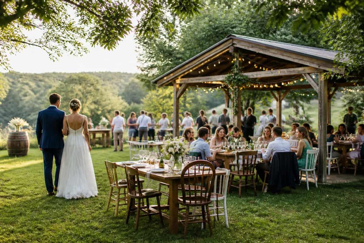 A simple outdoor wedding reception with decorated tables, guests, and a newlywed couple in a scenic garden setting.